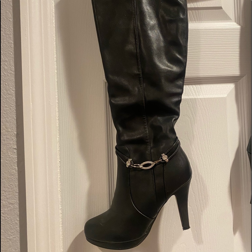 Dream Pairs leather knee-length wide calf heeled boots